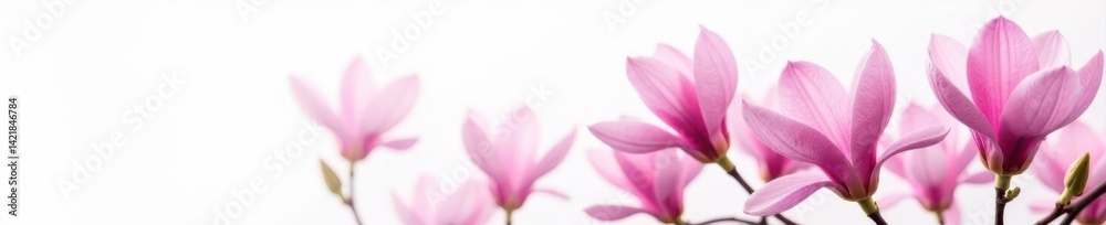 Several lush pink magnolia flowers against a pure white background , pretty, high-resolution Several lush pink magnolia flowers against a pure white background , pretty, high-resolution