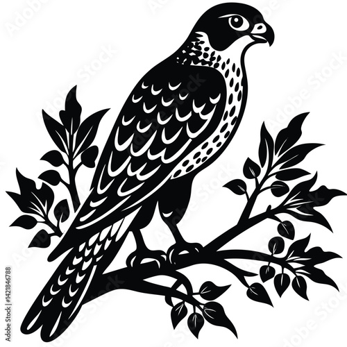 Black and White Falcon Illustration: Detailed Vector Graphic of Bird of Prey Perched on Branch, Vintage Style Animal Art Print
