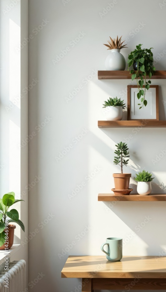 Fototapeta premium Rustic wooden shelves, greenery, & decor on a bright wall , cozy, potted plants, lifestyle