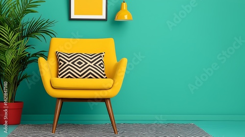 Obraz na płótnie Bright Living Space Featuring a Yellow Armchair, Decorative Pillow, Plant, Wall Art and Lamp Against a Teal Backdrop. w salonie