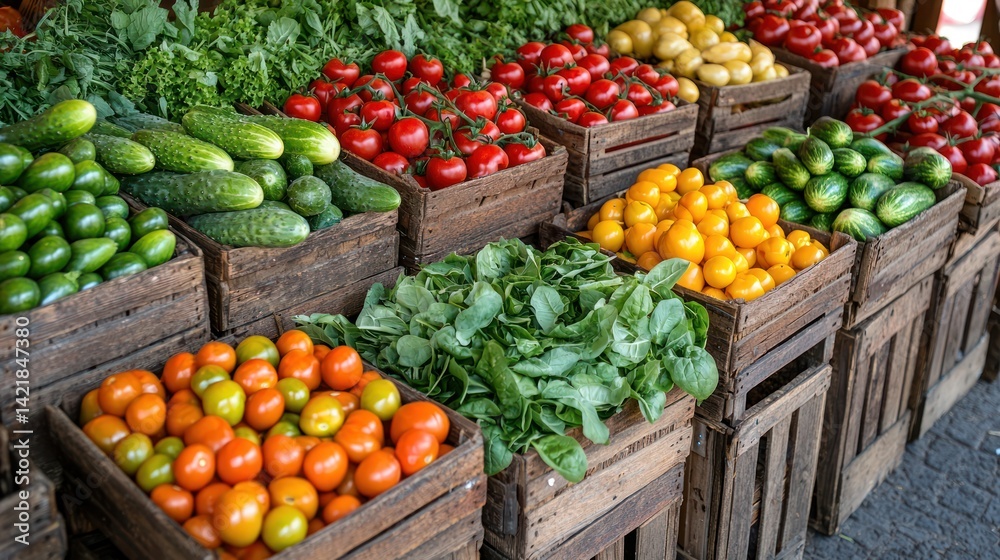 Colorful vegetables in wooden crates at farmer's market Colorful vegetables in wooden crates at farmer's market