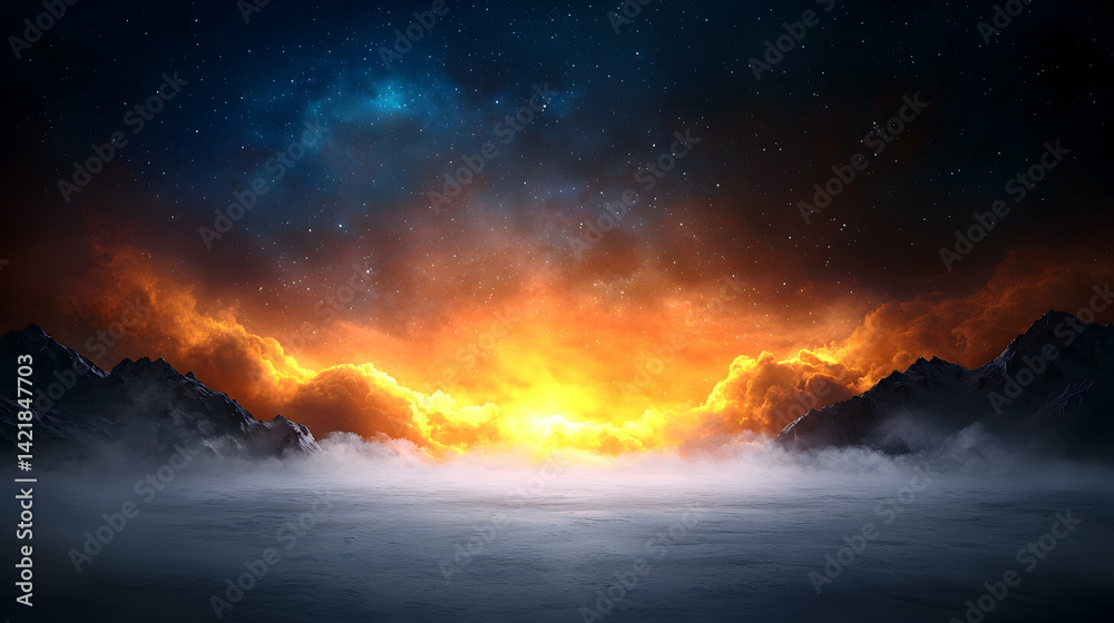 Obraz premium Fiery Night Sky Over Misty Mountains