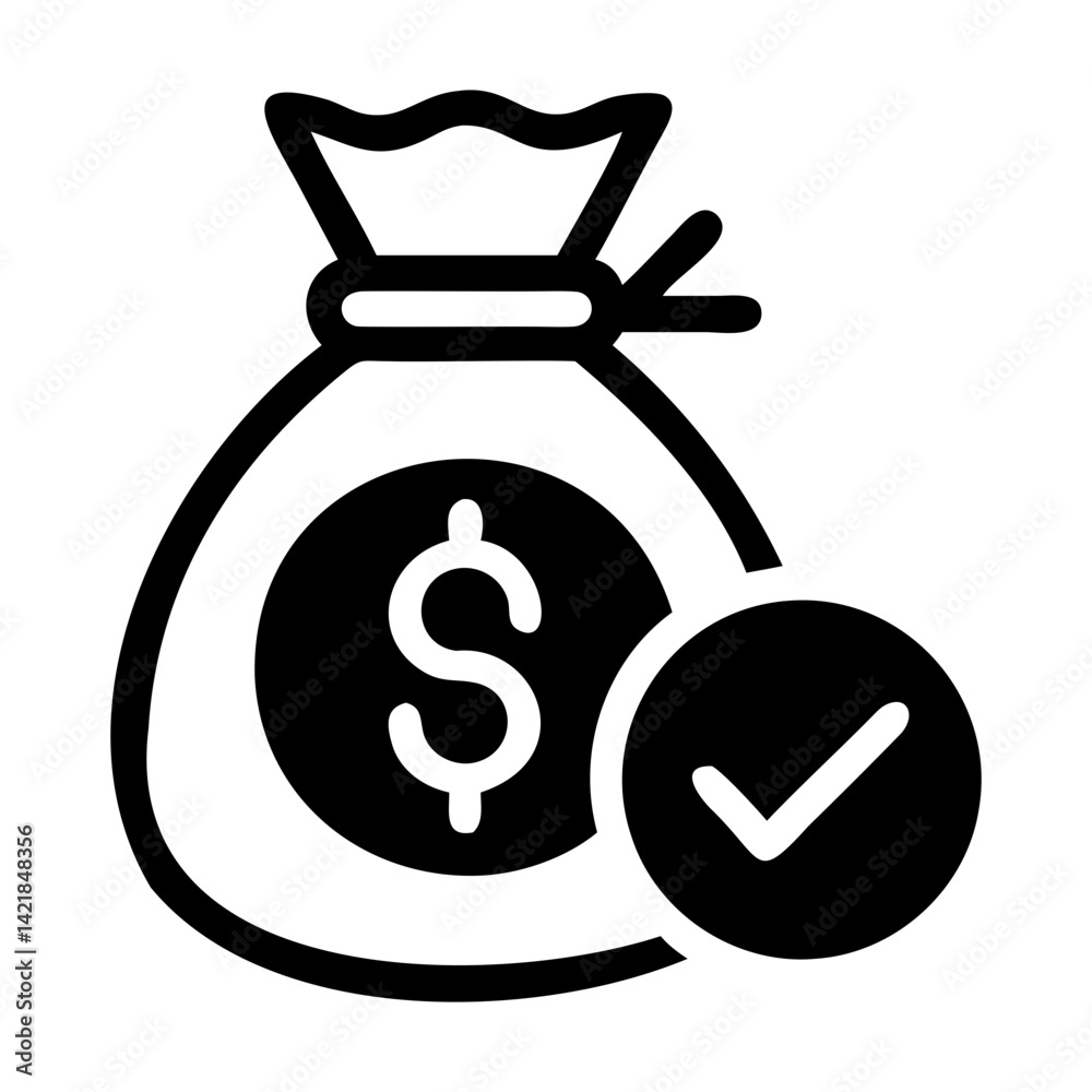 Black Silhouette Money Bag Vector with Tick on Transparent Background Black Silhouette Money Bag Vector with Tick on Transparent Background