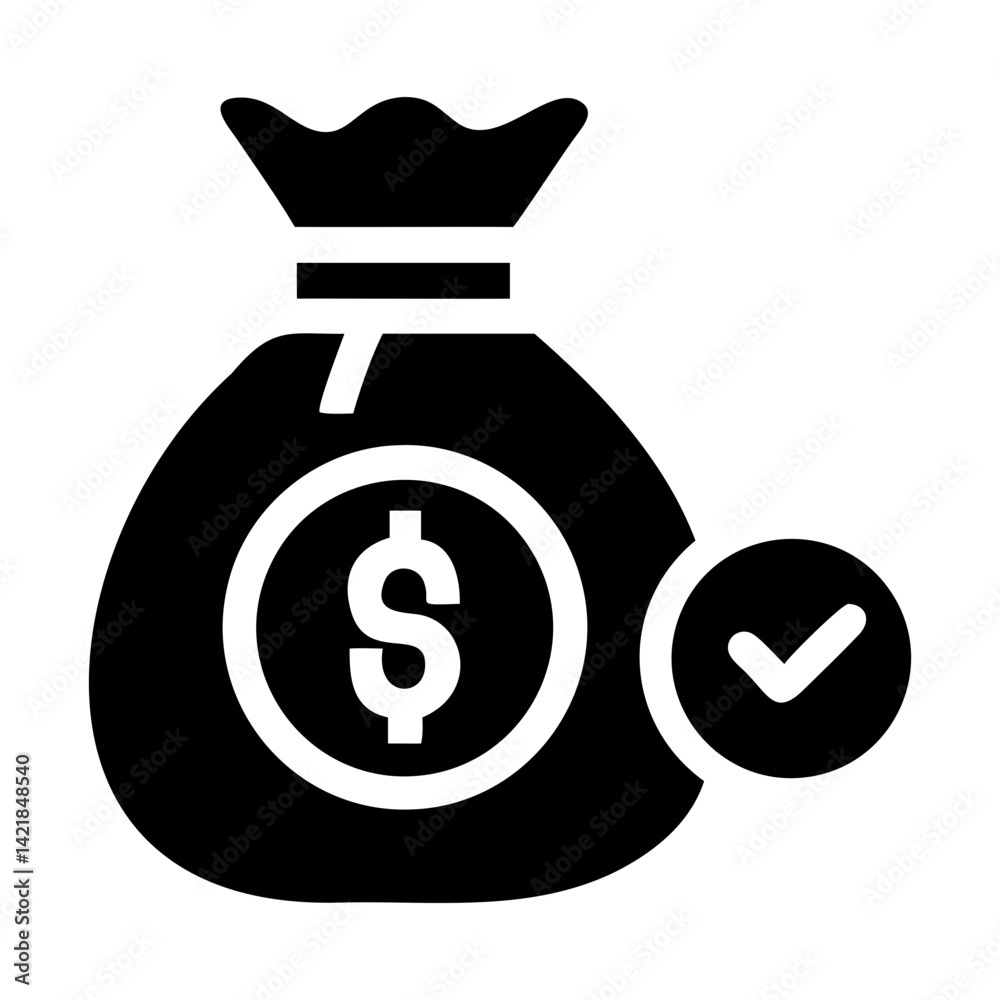 Money Bag with Check Mark Vector Black Silhouette PNG on Transparent Background Money Bag with Check Mark Vector Black Silhouette PNG on Transparent Background