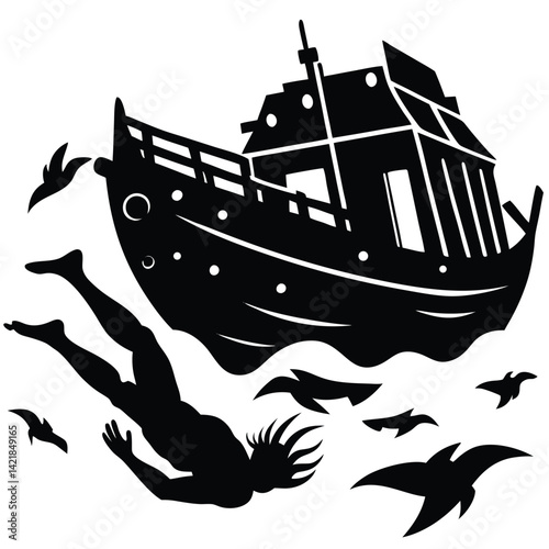 Silhouette Art: Man Overboard Illustration with Boat, Birds, and Person Falling into Water - Vector Graphic Design