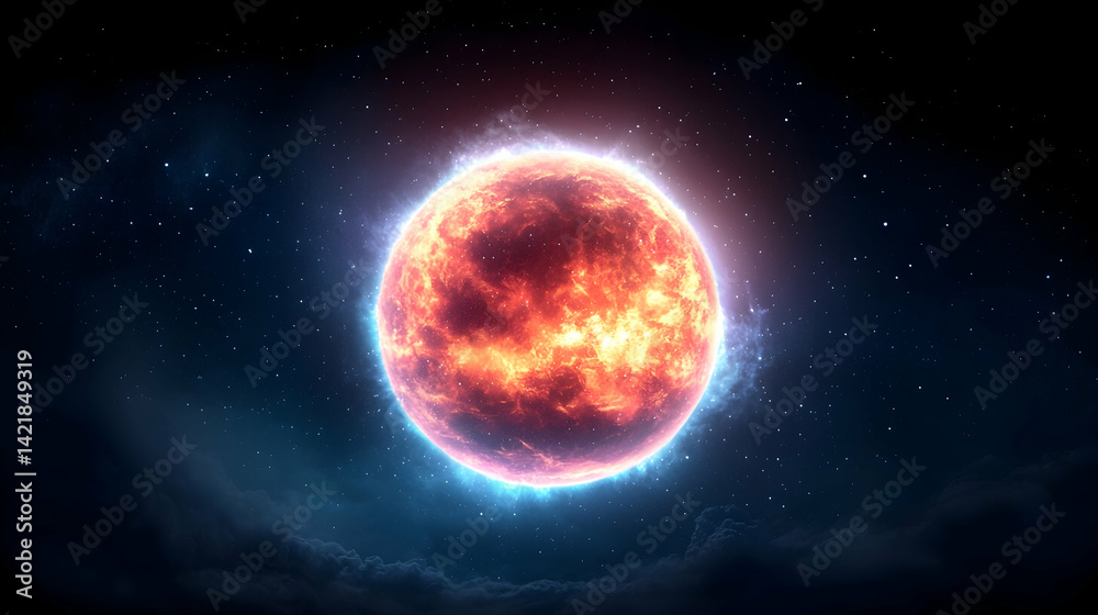 Fototapeta premium Fiery Red Star in a Dark Space with Blue Nebula Clouds