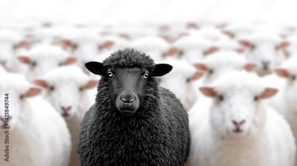 Fototapeta premium One Black Sheep Among White Sheep - A single black sheep stands out amongst a crowd of white sheep. A concept of individuality and difference