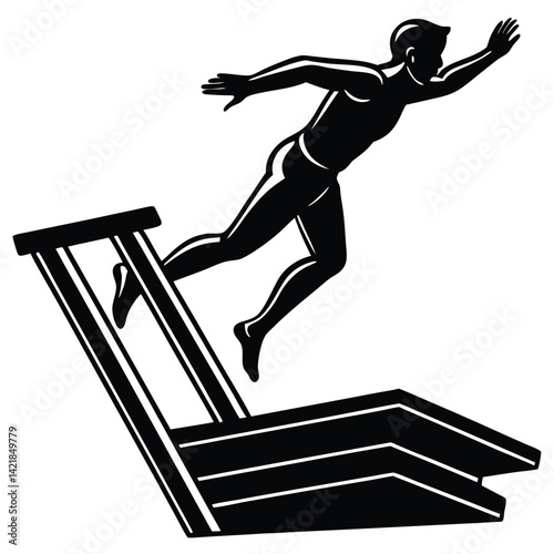 Swimmer Diving Silhouette: Vector Illustration of Athlete Launching from Diving Board for Sports, Competition, and Fitness Graphics