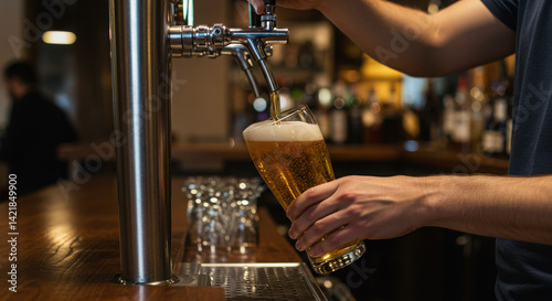 Pouring beer from a tap into a glass at a bar counter during a social gathering
