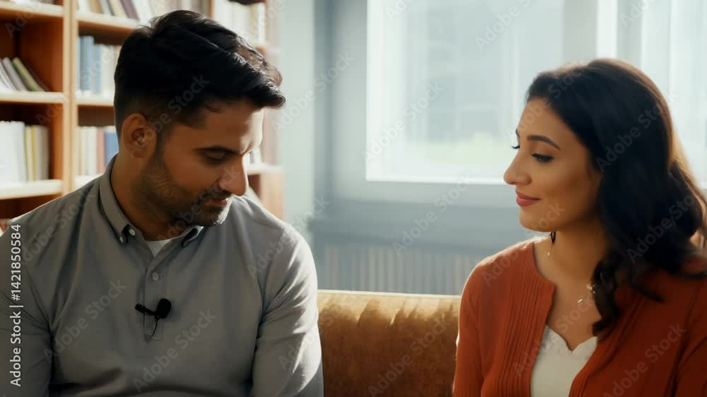 Static video captures a caucasian man and indian woman with soft, diffused light, amidst the cozy ambience of a quiet library Static video captures a caucasian man and indian woman with soft, diffused light, amidst the cozy ambience of a quiet library