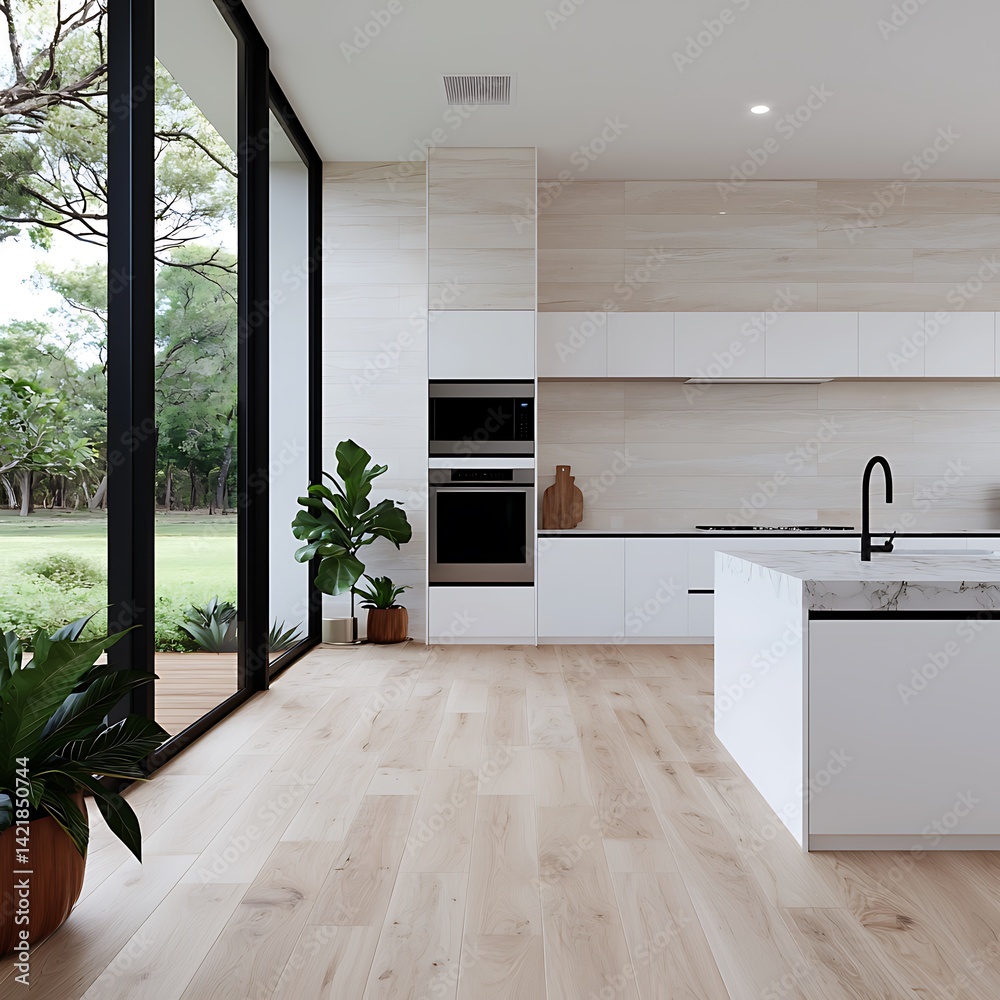 Bright Modern Kitchen with Large Windows and Minimalist Design Showcasing Clean Lines and Natural Light with Greenery.