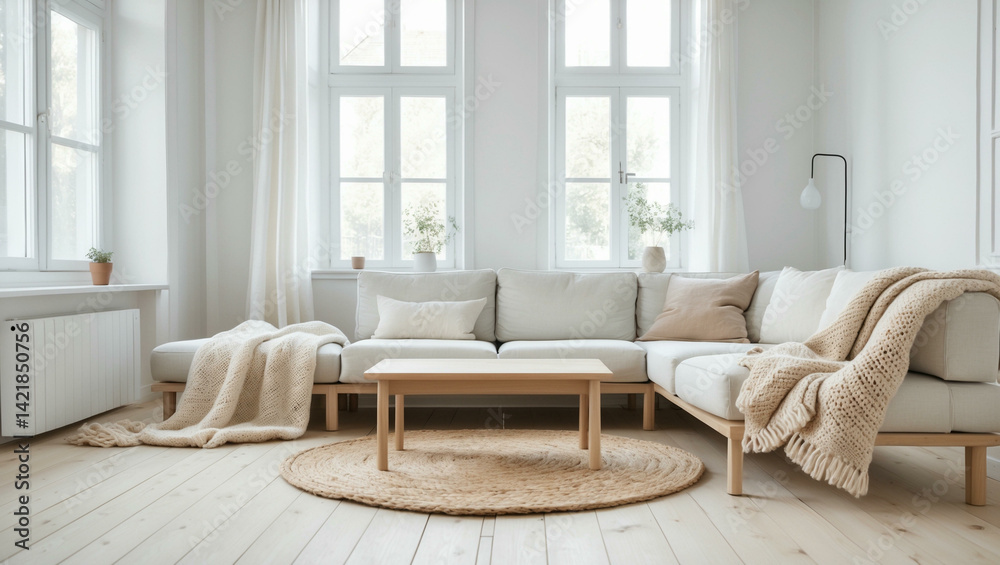 Fototapeta premium Cozy Living Room Interior with Neutral Decor
