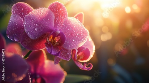 Pink orchids in morning light, covered in dew drops