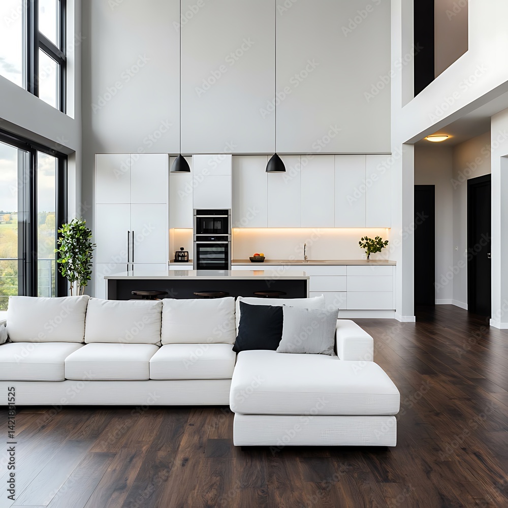 Bright Modern Living Room Featuring White Sofa, Kitchen, and Expansive Windows for an Airy and Open Home Interior.