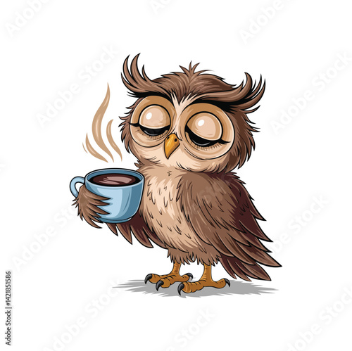 A cute brown cartoon owl character with big eyes and a funny beak holds a cup