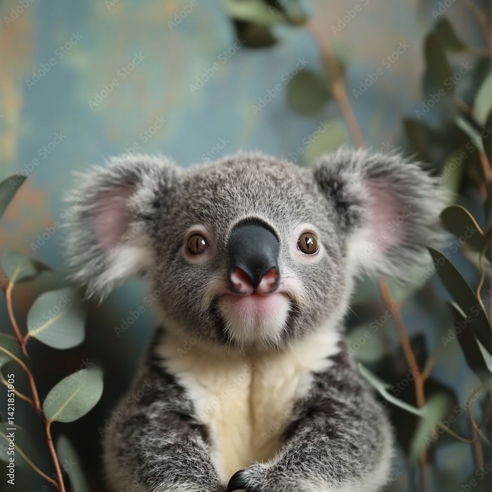 Naklejka premium Gentle Portrait of a Koala amidst Eucalyptus Branches with a Soft Background