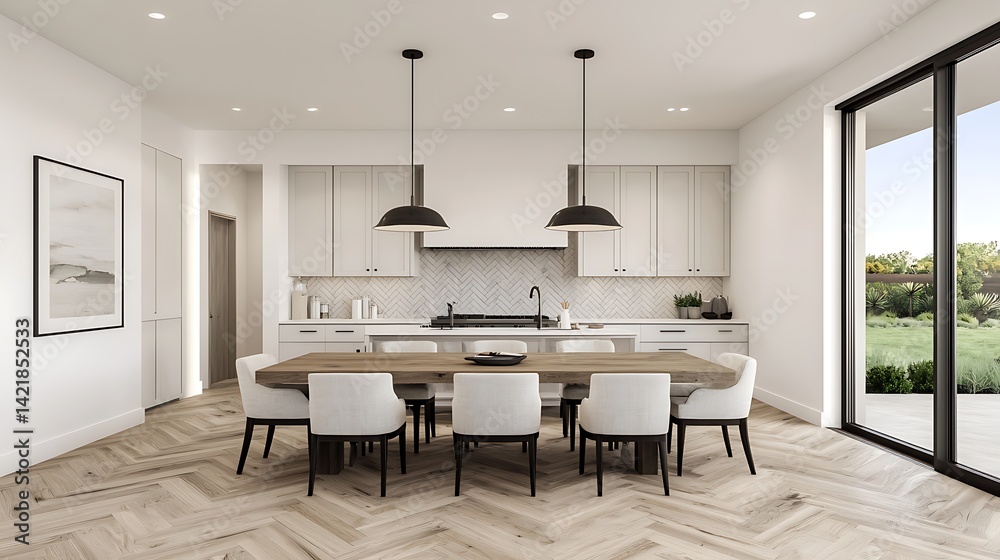 Bright open kitchen and dining area with hardwood floors, white cabinetry, and modern fixtures providing a welcoming atmosphere.