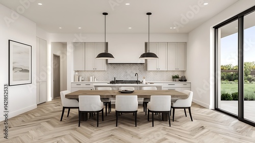 Bright open kitchen and dining area with hardwood floors, white cabinetry, and modern fixtures providing a welcoming atmosphere.