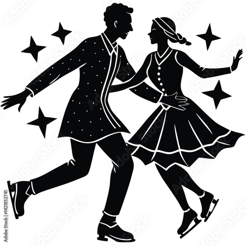 Vintage Ice Skating Couple Silhouette: Retro Style Illustration of Man & Woman Dancing on Skates with Stars, Black & White Graphic Art