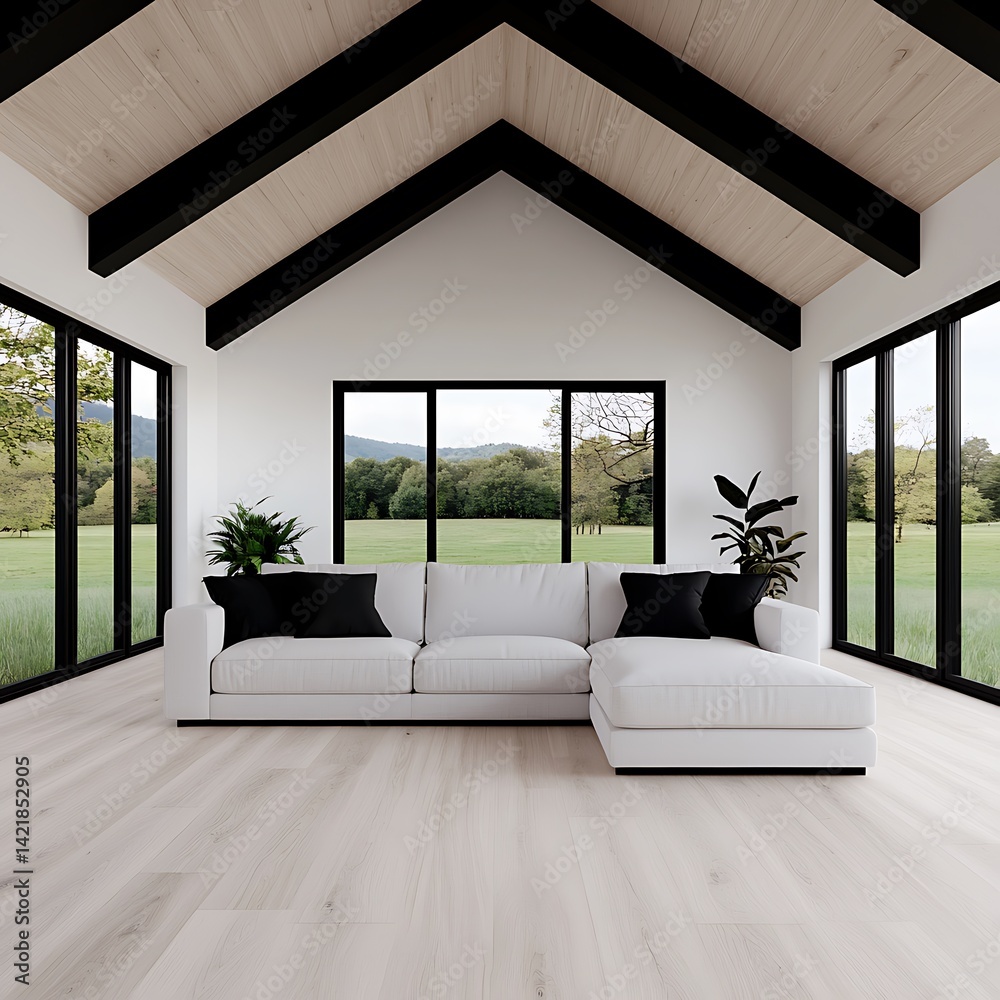Bright Open Living Room with White Sofa, Large Windows, and Natural Wood Ceiling Details.