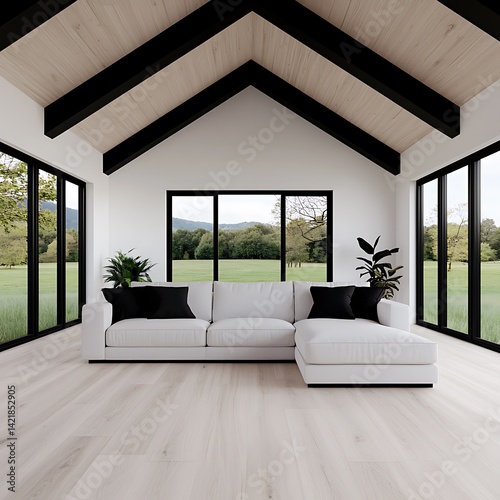 Obraz na płótnie Bright Open Living Room with White Sofa, Large Windows, and Natural Wood Ceiling Details. w salonie
