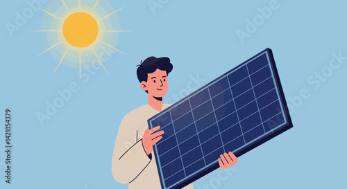 Man holding solar panel under bright sun for clean energy and sustainable power solutions vector illustration 
