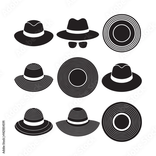 Vector set of fashion hat icons includes a retro bowler, sun hats, cowboy cap, and gentleman's silhouette with sunglasses