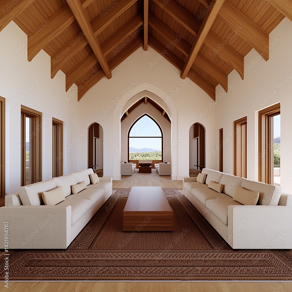 Bright, Spacious Living Area with Wooden Beamed Ceiling, Large Arched Window, Neutral Sofas and a Textured Rug.