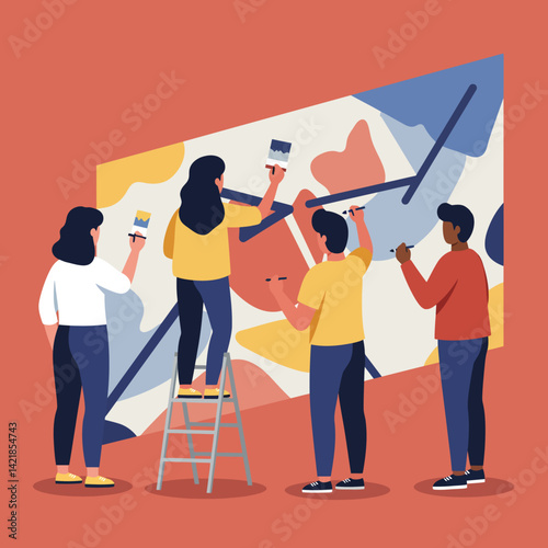 Group of people painting abstract mural together in creative collaboration with colorful brush strokes and artistic teamwork vector illustration 