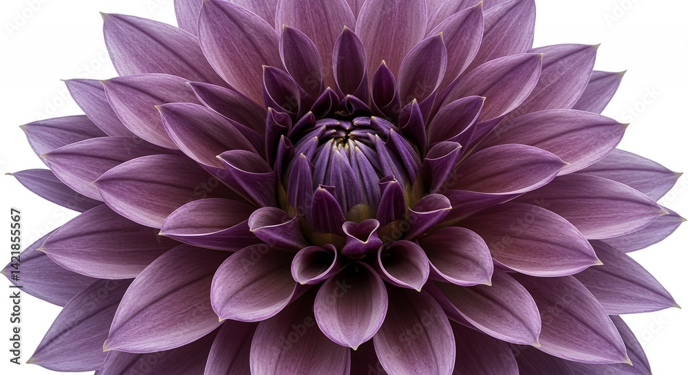 Obraz premium Detailed Botanical Close Up of a Purple Dahlia Pinnata Flower Isolated on White Background Showcasing Complex Petal Arrangements and Radial Symmetry