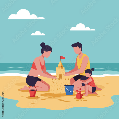 Family building sandcastle on beach enjoying summer vacation with ocean view and blue sky background vector illustration 
