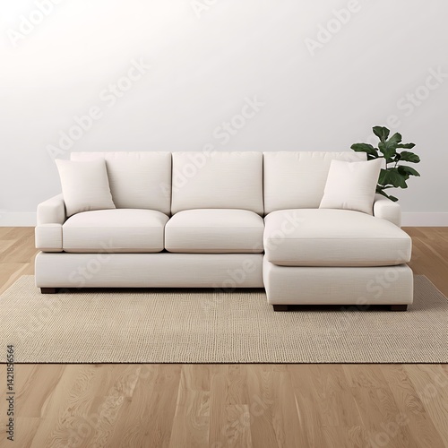 Obraz na płótnie Comfortable Sectional Sofa with Plush Cushions, Neutral Rug, and Wooden Flooring for a Relaxing Living Room Ambiance. w salonie