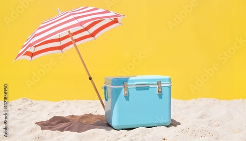 Bright vintage beach scene with a striped umbrella and a turquoise cooler resting on golden sand against a sunny yellow wall, summer relaxation concept of beach resort or outdoor cafe