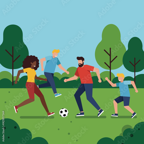 Diverse group of people playing soccer in park with green trees and blue sky vector illustration 