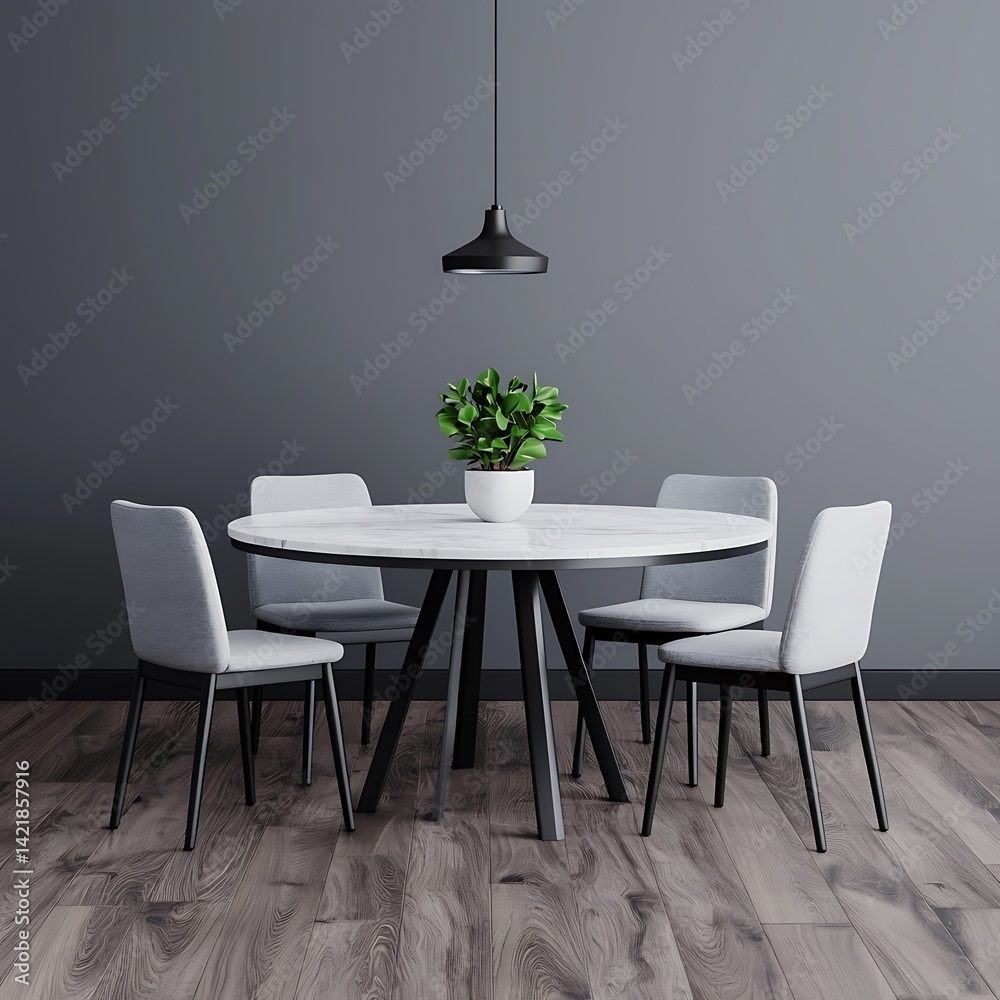 Contemporary Dining Room with Round Marble Table, Elegant Chairs, Modern Lighting, and Interior Design Elements.
