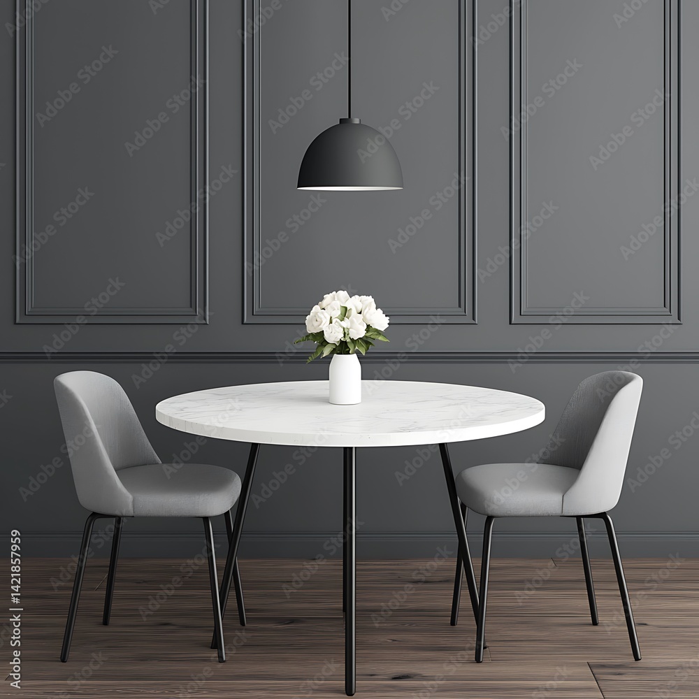 Contemporary dining space featuring a marble table, elegant gray chairs, and a stylish pendant light against a dark panelled wall.