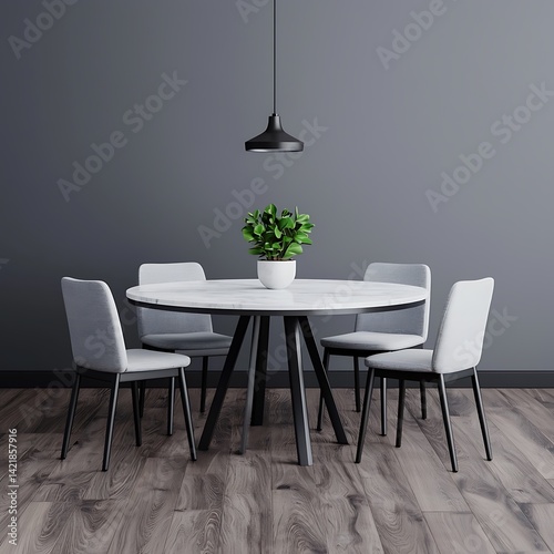 Obraz na płótnie Contemporary Dining Room with Round Marble Table, Elegant Chairs, Modern Lighting, and Interior Design Elements. w salonie