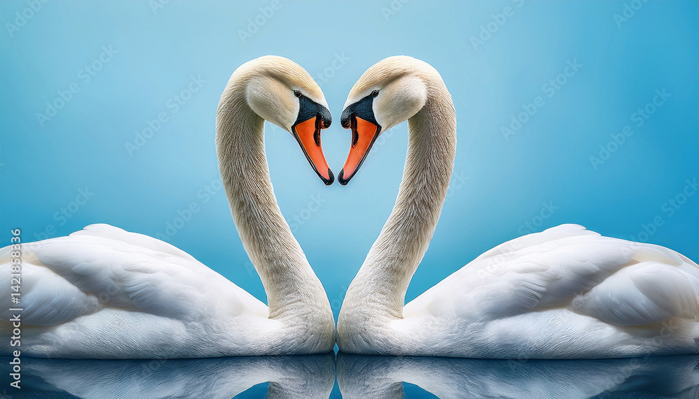 A beautiful swan couple in love on a lake forming a heart symbol with their bodies reflecting in the water A beautiful swan couple in love on a lake forming a heart symbol with their bodies reflecting in the water
