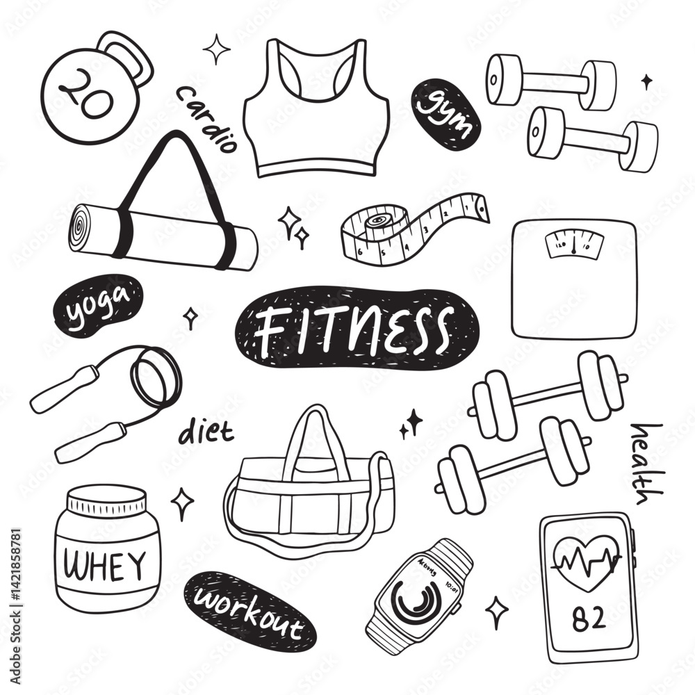 set of hand drawn fitness doodle