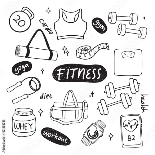 set of hand drawn fitness doodle