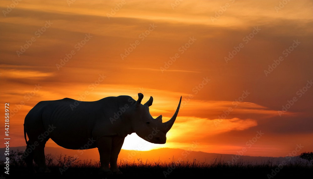Fototapeta premium Beautiful rhinoceros standing in the african sunset with safari vibe and nice background landscape