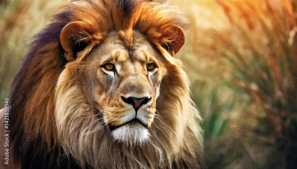 Majestic lion, king of the jungle portrait on a beautiful background landscape scenery Majestic lion, king of the jungle portrait on a beautiful background landscape scenery
