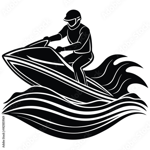 Black and White Jet Ski Vector Illustration: Person Riding Personal Watercraft on Stylized Waves, Water Sport Graphic Design