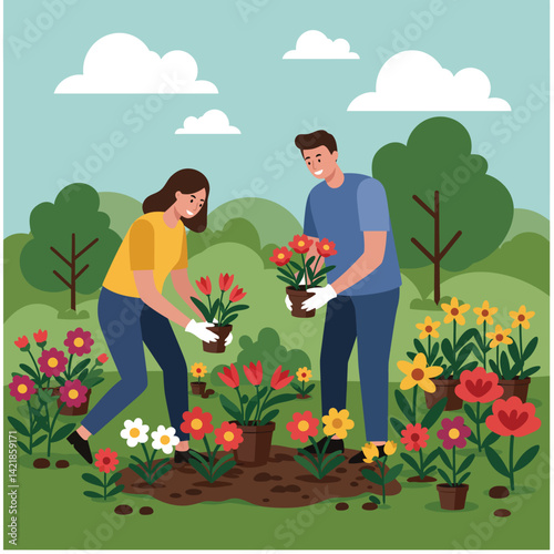 Couple Planting Flowers Together in Garden with Colorful Spring Blooms and Green Trees Vector Illustration 