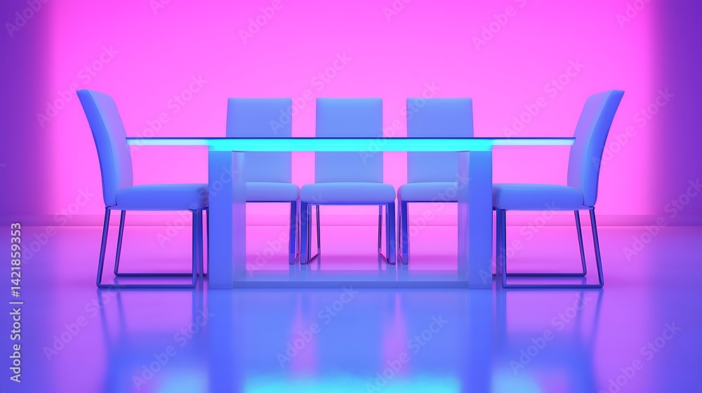 Contemporary Minimalist Dining Arrangement with Sleek Furniture in Vibrant Pink and Blue Lighting Setting.