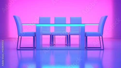 Obraz na płótnie Contemporary Minimalist Dining Arrangement with Sleek Furniture in Vibrant Pink and Blue Lighting Setting. w salonie
