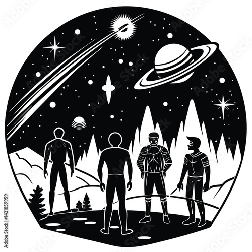 Sci-Fi Illustration: Astronauts, UFO, Saturn, Comet, Mountains, Space Art, Black and White Graphic, Alien Encounter, Cosmic Landscape