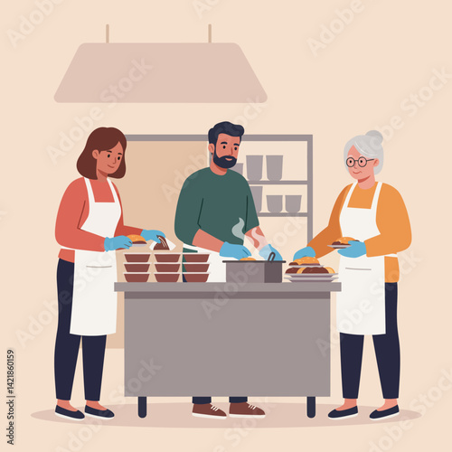 Volunteers preparing food meals together in kitchen teamwork for charity and community support vector illustration 