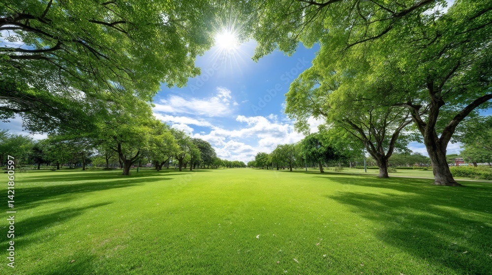 Fototapeta premium Serene Green Park Landscape - Lush green park with vibrant trees under a bright sunny sky. Perfect for nature, tranquility, and outdoor themes