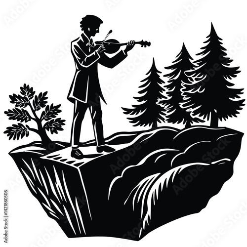 Silhouette of a Violinist Playing on a Cliff: Black and White Illustration of a Musician in Nature, Trees, and Landscape Art